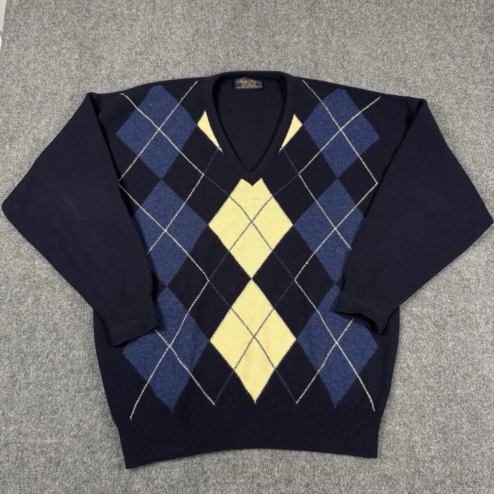 🧶 Brooks Brothers Sweater Mens 44 100% Lambswool Argyle V-Neck Great Britain